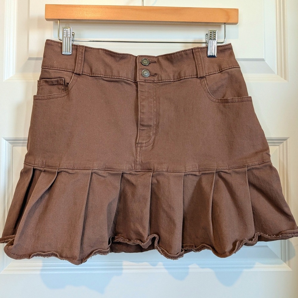 Hollister Pleated Hem Brown Cotton Mini Skirt
